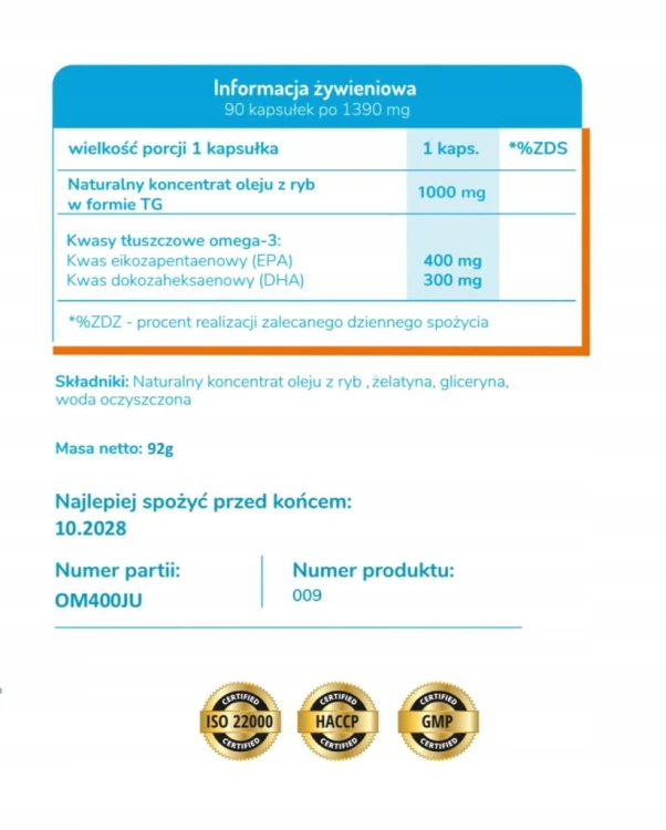 Omega 3 1000 mg MAX 400EPA/300DHA 90 kaps Kuracja na 3 miesiące Allvita