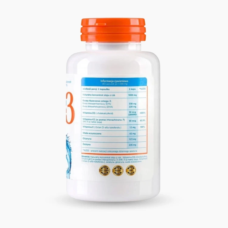 Omega 3 1000 mg (TG) D3 2000IU + K2 MK7 50 mcg + E 12 mg 90 kaps. Allvita 3.jpg